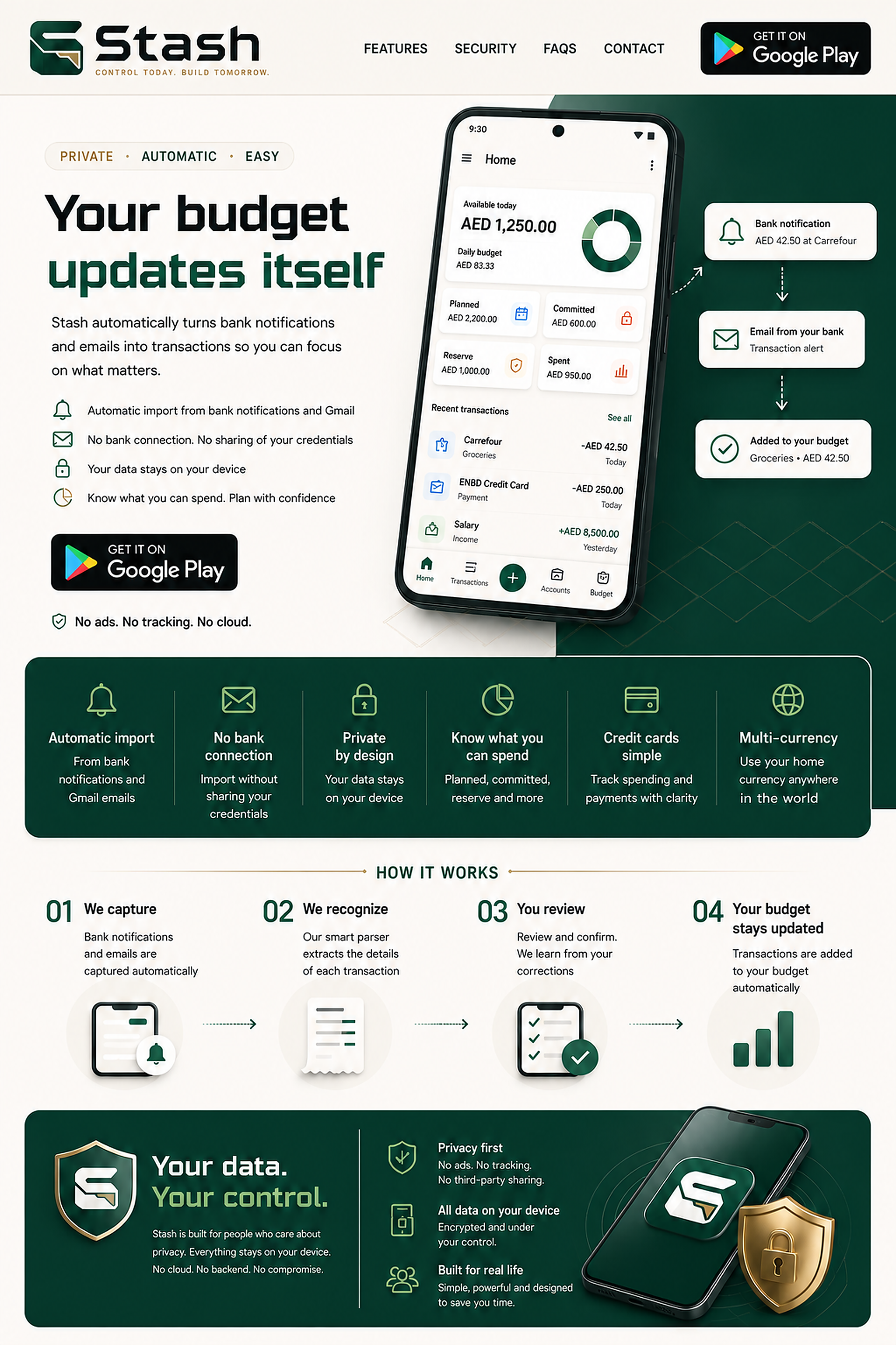 Stash budget app: automatic bank-alert import, private on-device budgeting, a four-step review workflow, and local data protection.